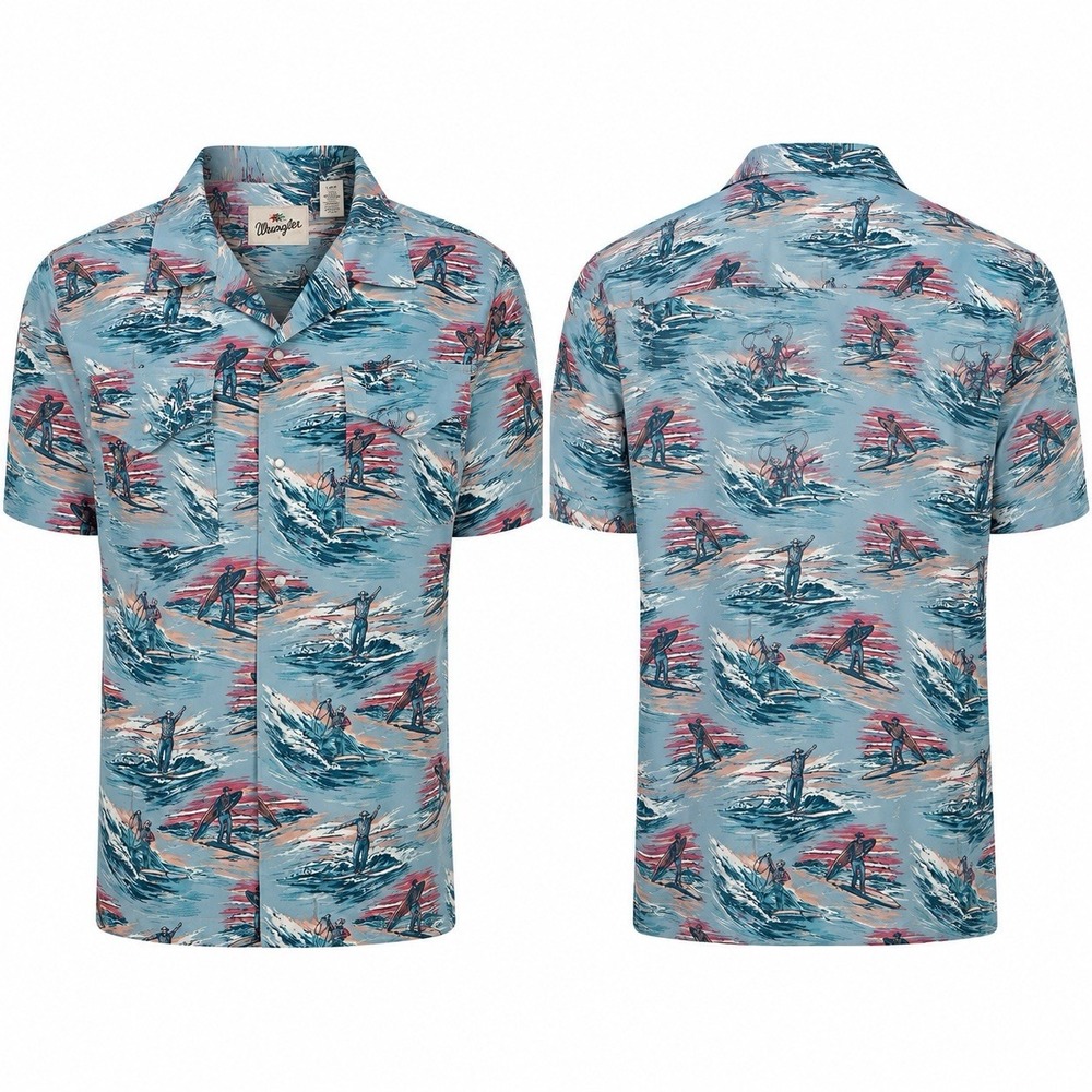 Wrangler Men’s L Cowboy Surf Lasso Pearl Snap Camp Shirt NWT Blue Western Aloha